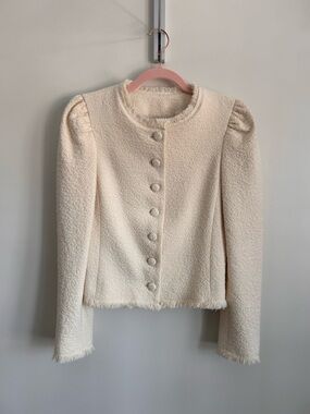 Club Monaco Cream Bouclé Button Jacket Blazer with Puff Shoulders, Size 4